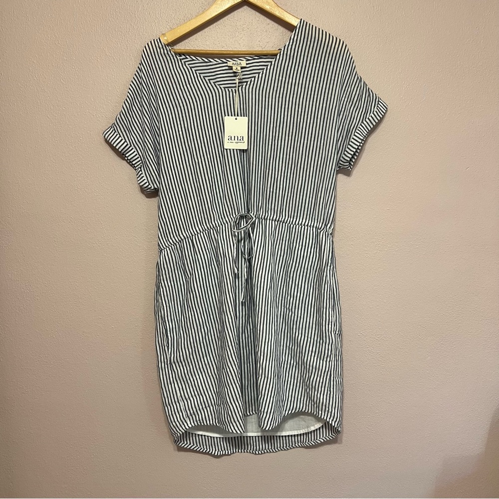 A.N.A Gray Striped Dress|NWT|Size Medium|Cinched|Beach|Vacation|Short Sleeves|
